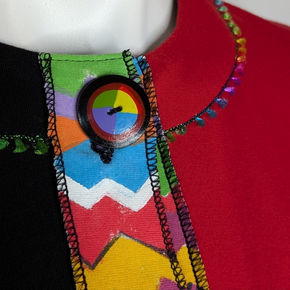 Vintage LRW Red Black Colorful Color Block Mixed Print Button Up Top M - Picture 3 of 7